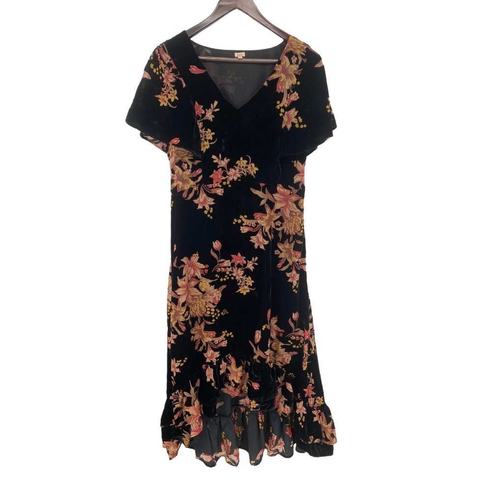 Women's REBA BLACK VELVET Lined FLORAL CAPE SLEEVE HIGH LOW BOHO Classy DRESS SI